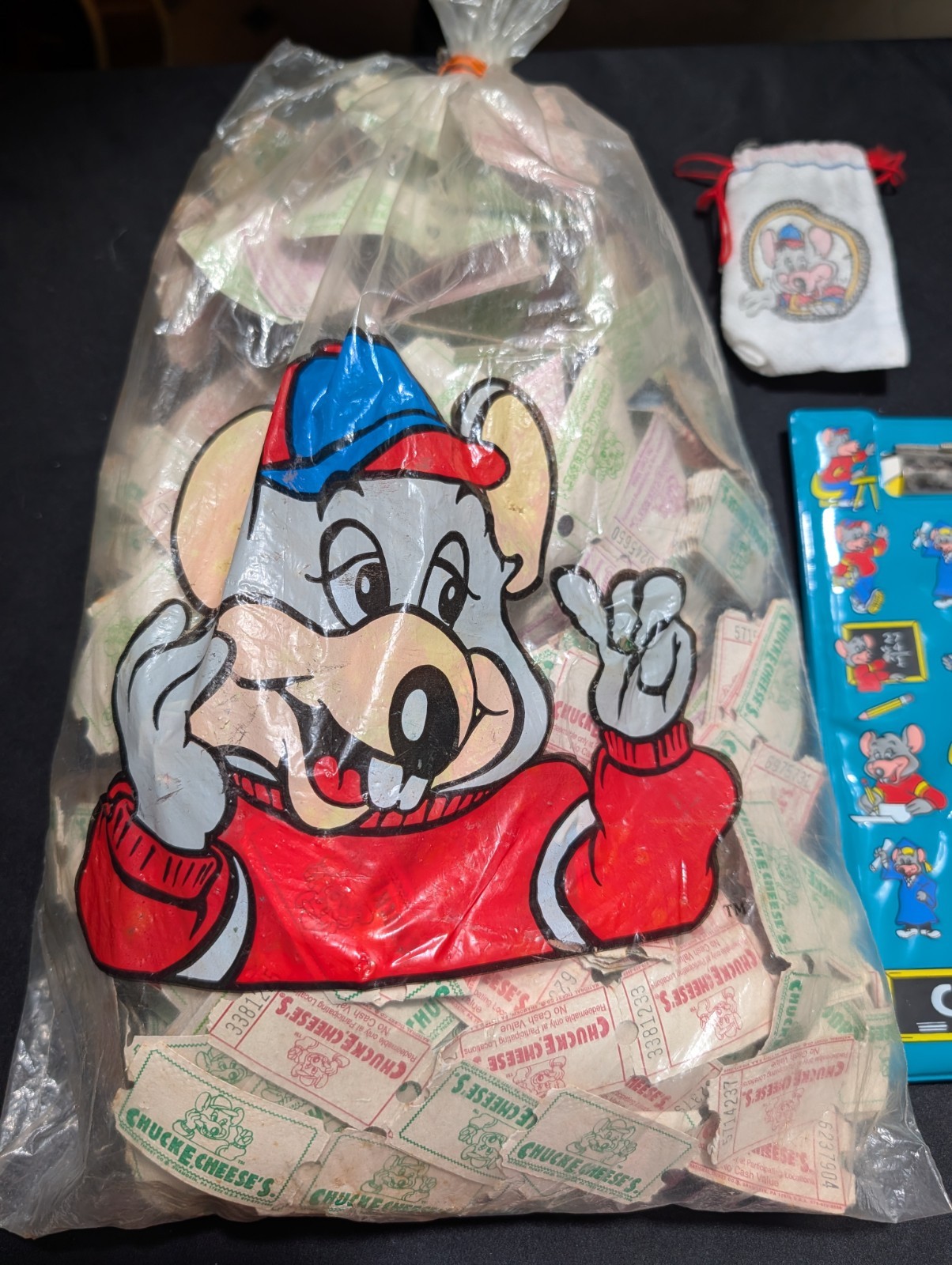 Huge 90s Vintage Chuck E Cheese Lot of Game Tickets Bag Full Plus Notepad & Bag