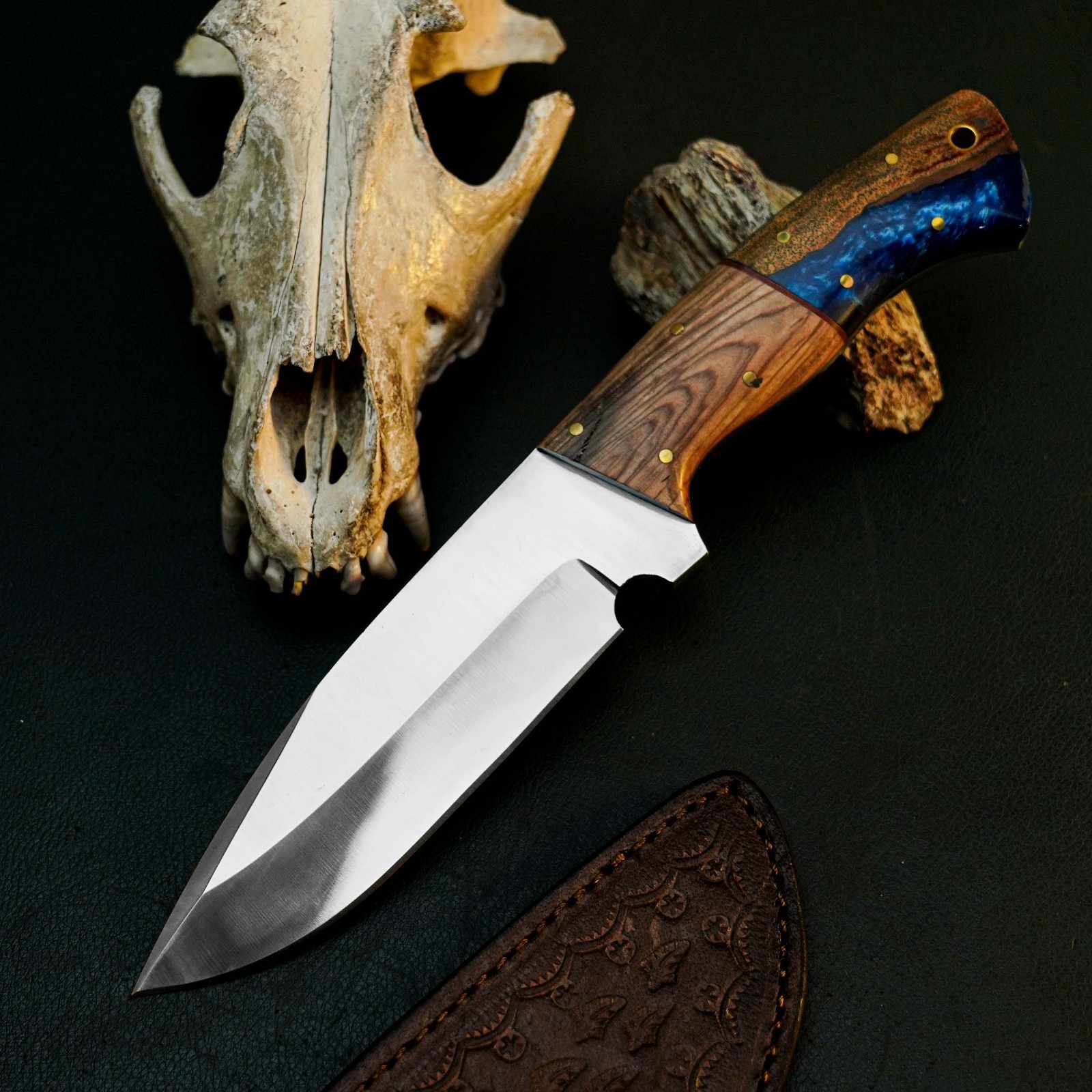 9.8″ EDC Bushcraft Camping Knife Handmade Full Tang Hybrid Handle Leather Sheath