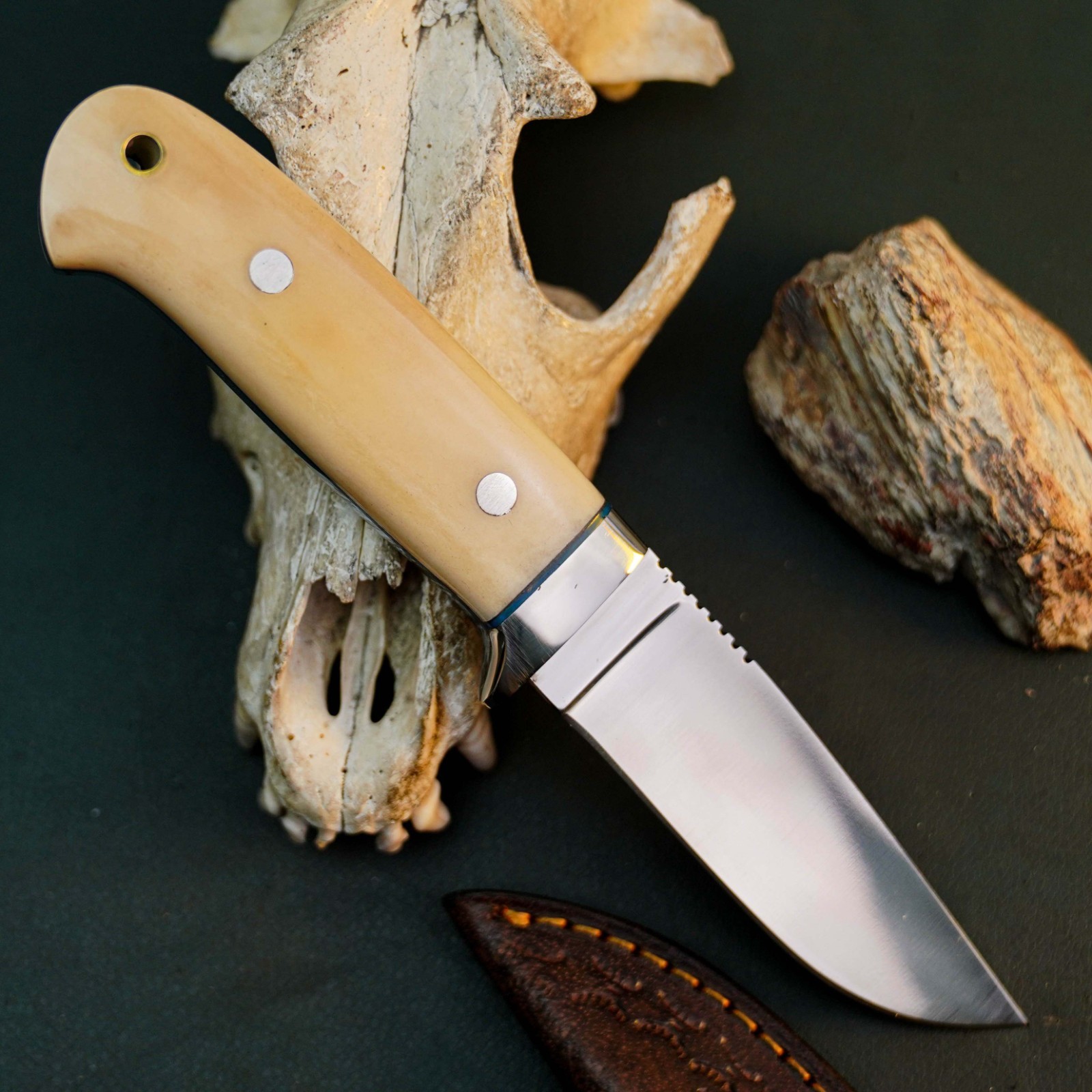 8.2″ D2 EDC Hunting Fixed Blade Knife Full Tang Camel Bone Handle Leather Sheath
