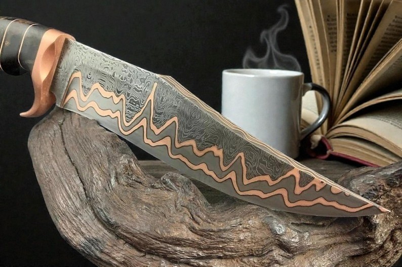 Premim Quality Copper Damascus Fixed Blade Bowie Knife 12″Custom Handmade Knife