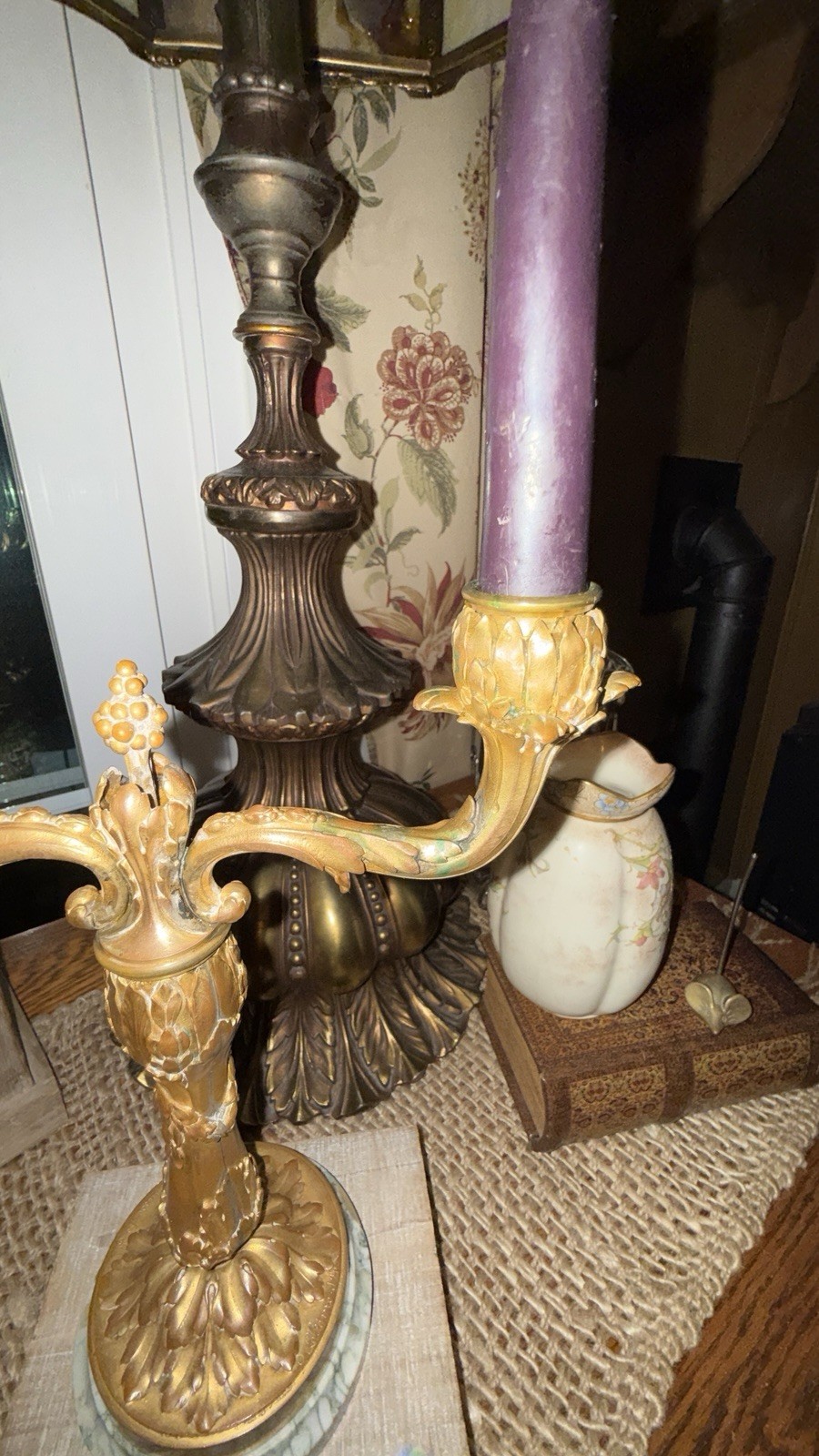 Vintage Brass Two Arm Candelabra Marble Base Acorn Oak Leaf Candle Holder