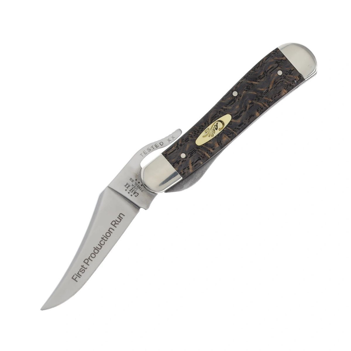 Case XX First Production Run Black Curly Oak Wood RussLock Knife 94002