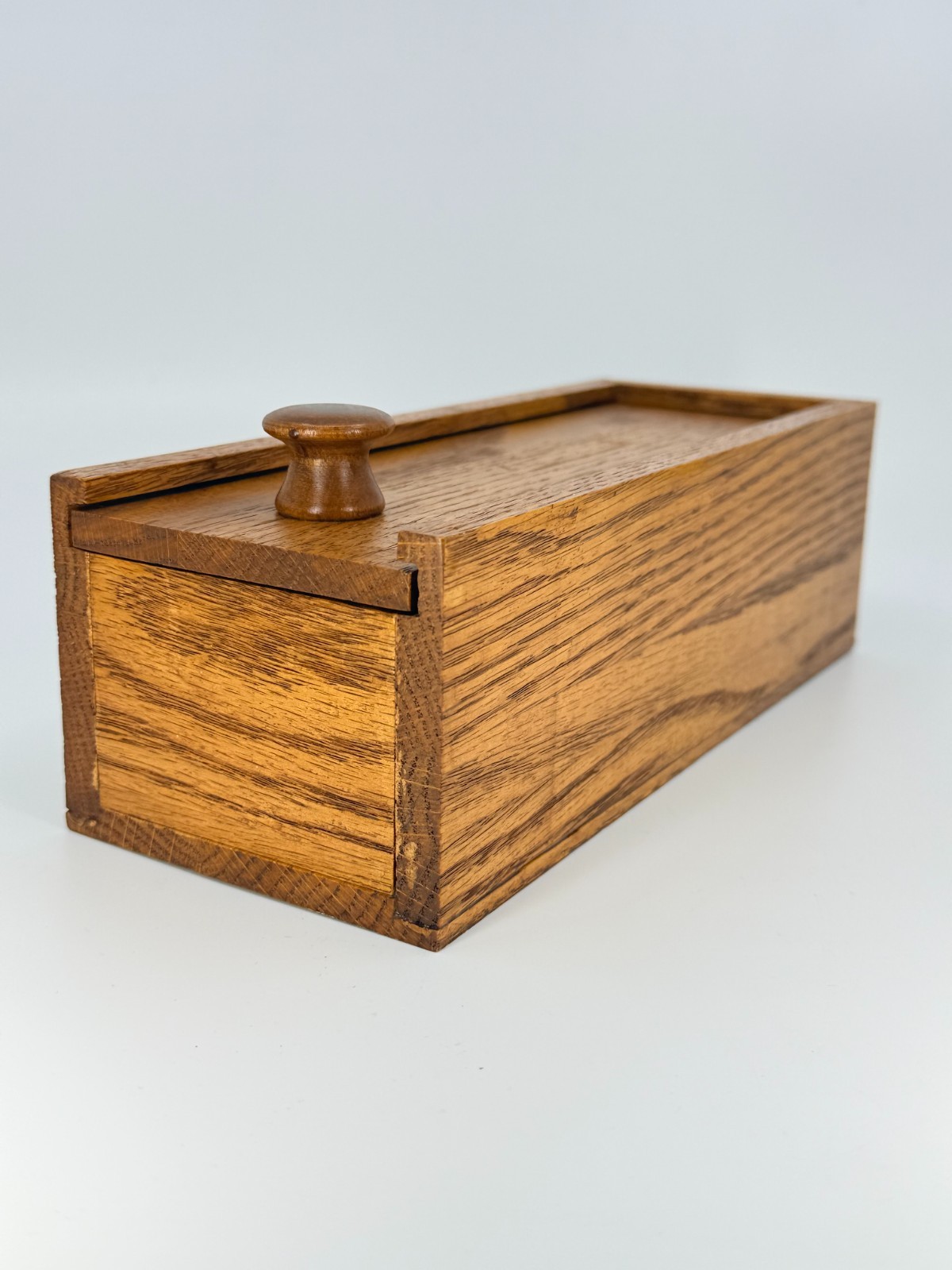 Vintage Oak Trinket Stash Box Wood Knob Handle Rectangle Sliding Lid 3x9x3.5