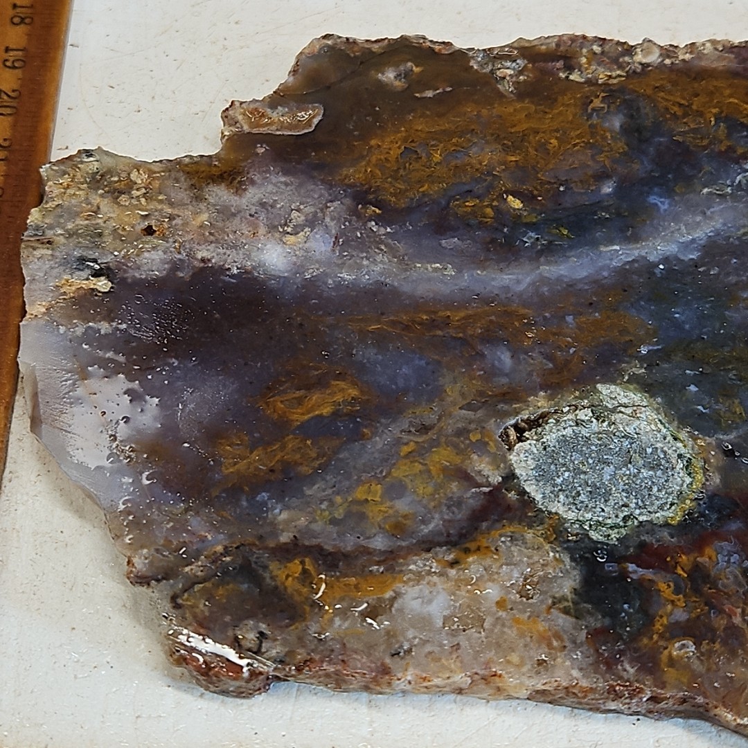 Royal blue agate slab, MX Blue agate golden moss, 7″ x 5″ x 1/4″ 12.0OZ
