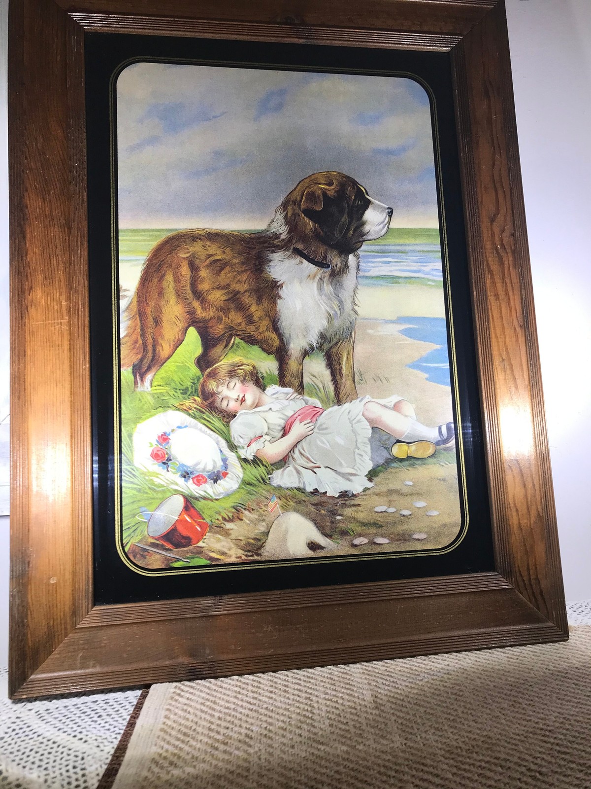 St. Bernard and Child on Beach lithograph “On Guard” Print with Wooden Frame
