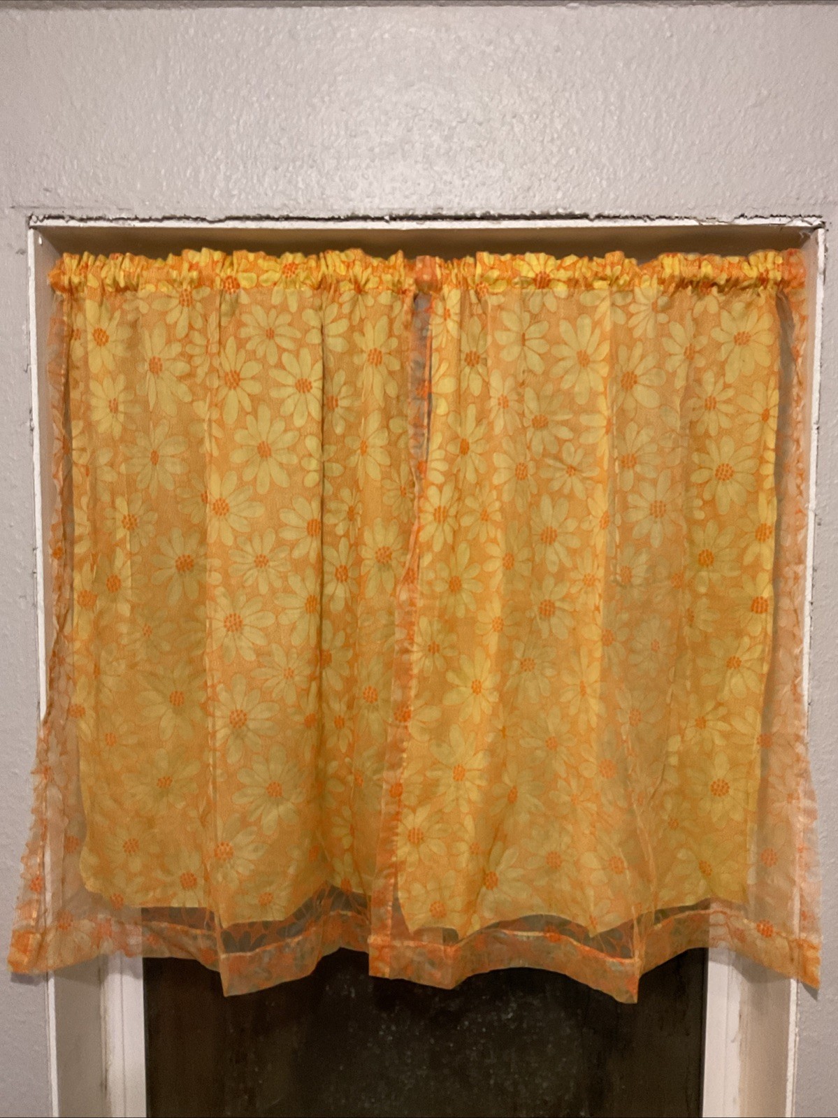 Vintage Yellow Orange Daisy Curtains and Valance Set 60’s Sheer Lace Groovy 70’s