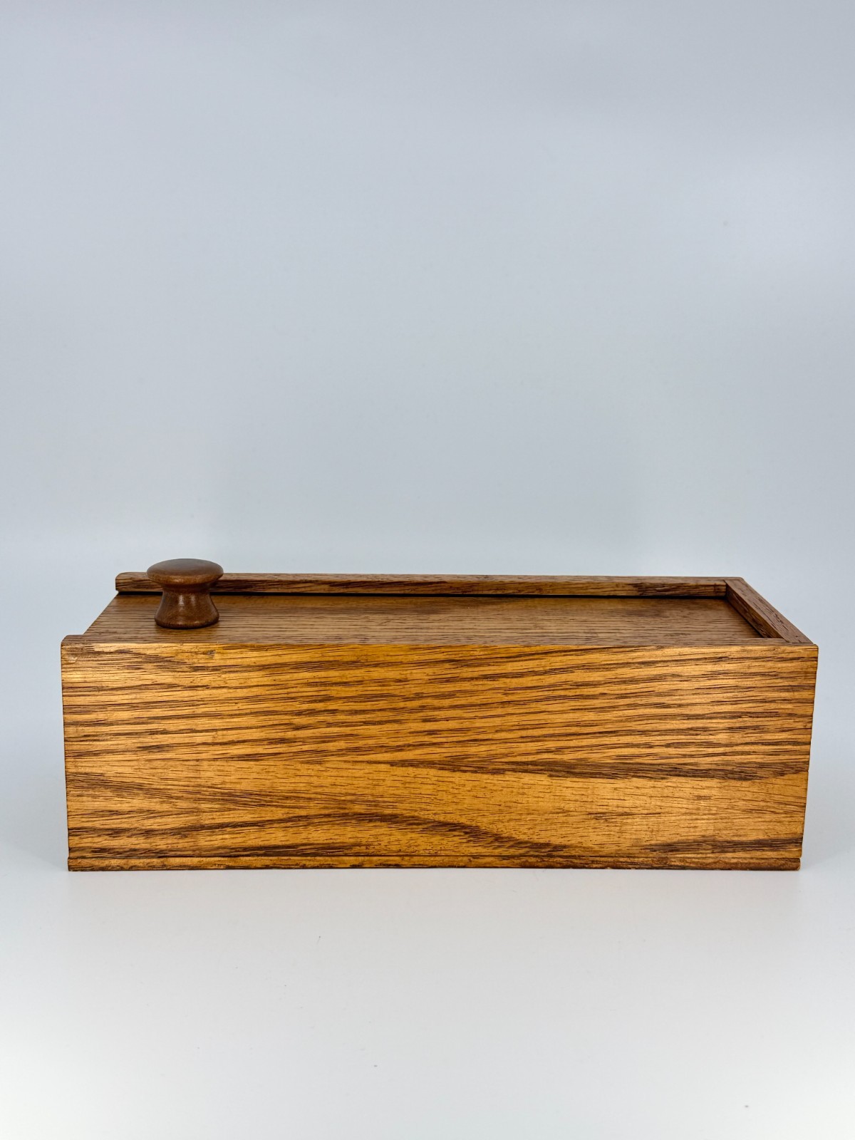 Vintage Oak Trinket Stash Box Wood Knob Handle Rectangle Sliding Lid 3x9x3.5
