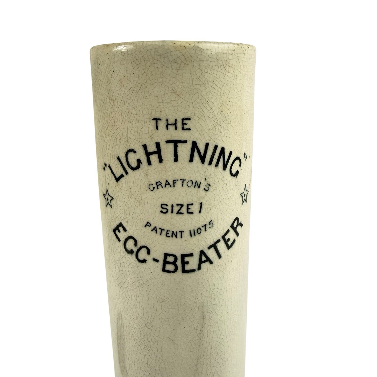 Antique The Lightning Egg Beater Ceramic Jar Grafton Size 1 Metal Plunger Vtg