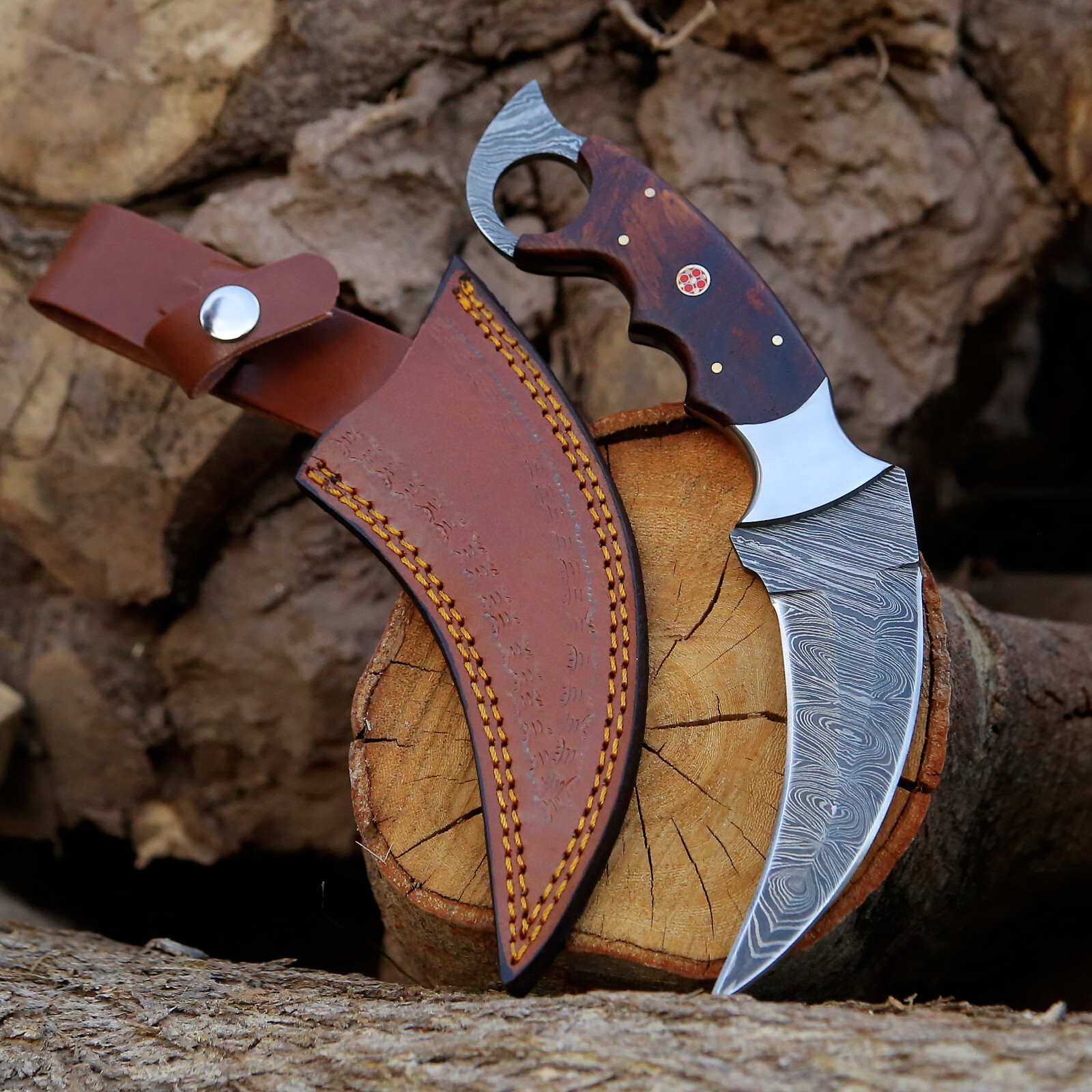 Damascus steel Karambit Hunting Skinner Knife with Rosewood Handle camping Knife