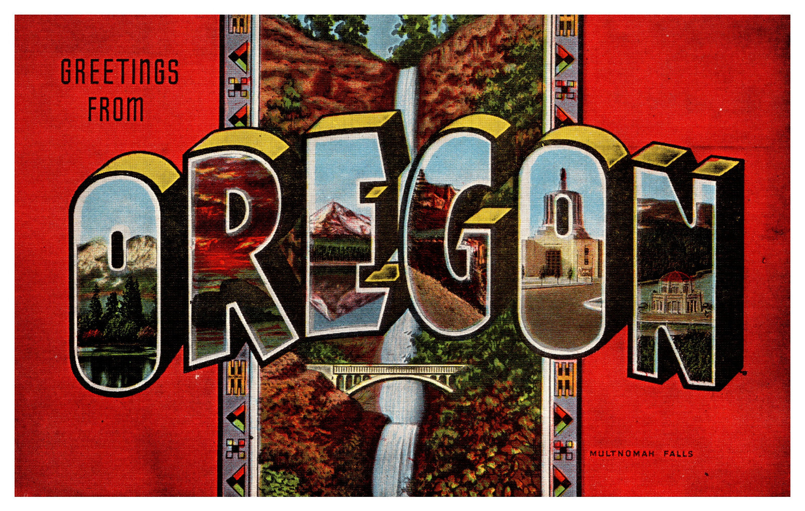 Multnomah Falls, OR „Greetings From“ Large Letter Views Lake Sunset Memorial-A88