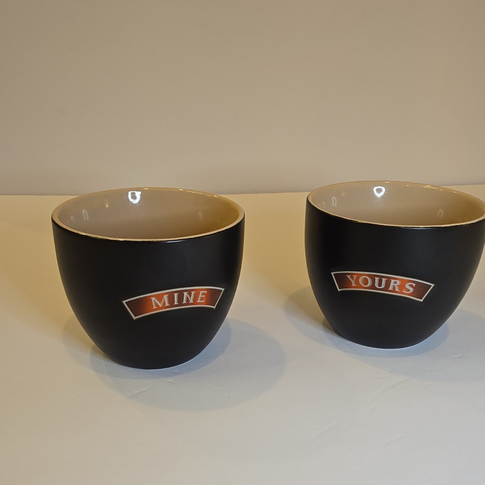 2-Piece Round Ceramic Bowl Set, Black/Beige Text “MINE” & “YOURS”