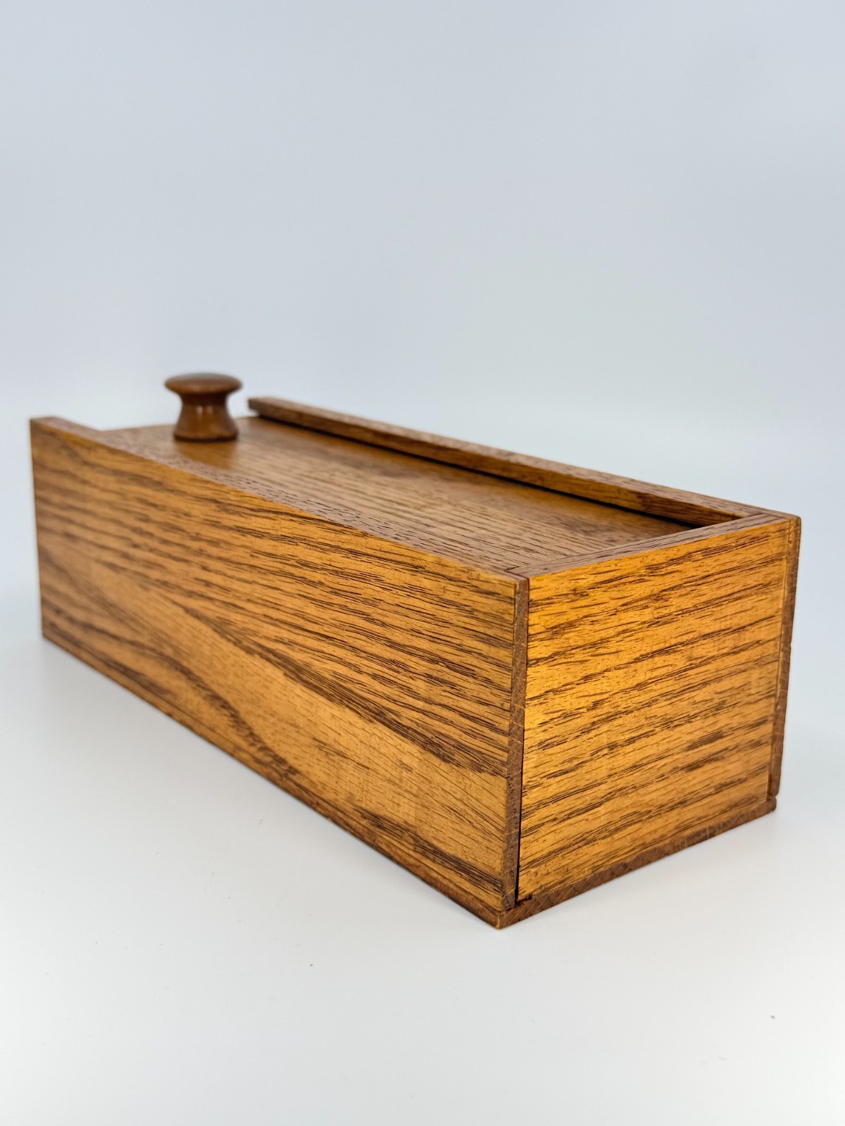 Vintage Oak Trinket Stash Box Wood Knob Handle Rectangle Sliding Lid 3x9x3.5