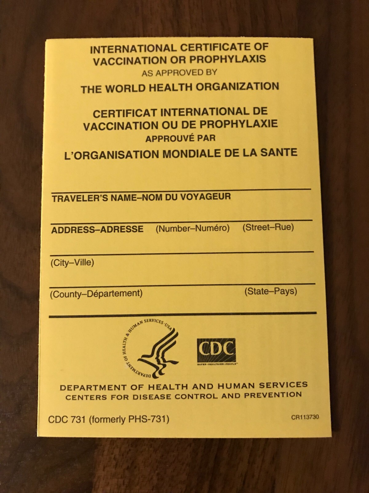 International Certificate of Vaccination – Yellow Card – Carte Jaune