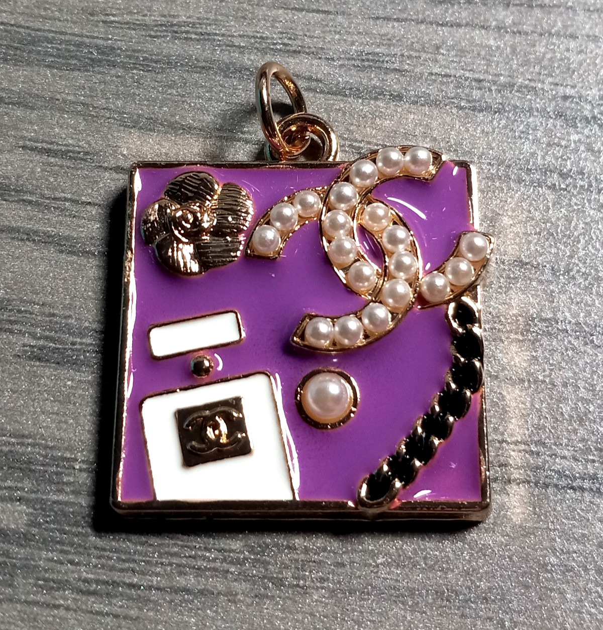 Faux Pearls , Gold Tone & purple , Designer Zipper Pull Button Charm pendant