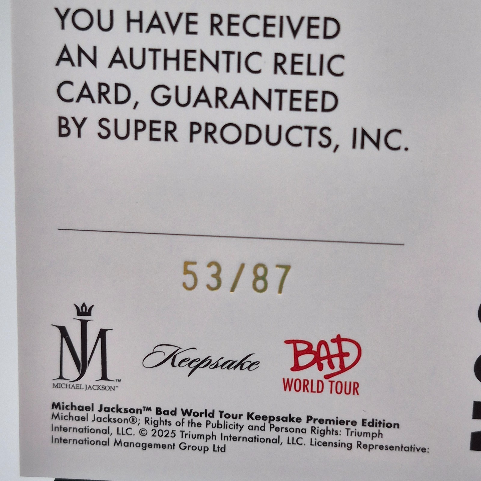 Hee Hee! 2025 Keepsake Premiere MJ Bad Tour Red #278 Relic /87
