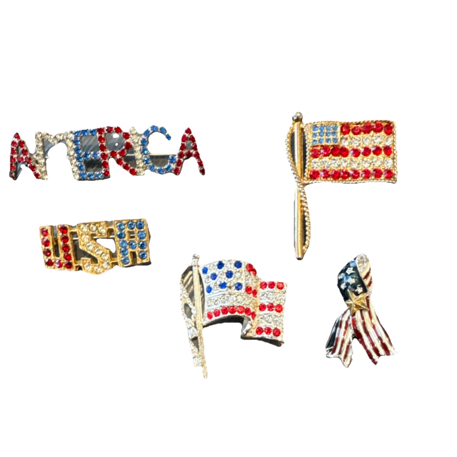 Lot of 5 Patriotic Vintage Brooches USA America Flag Red White Blue Rhinestone