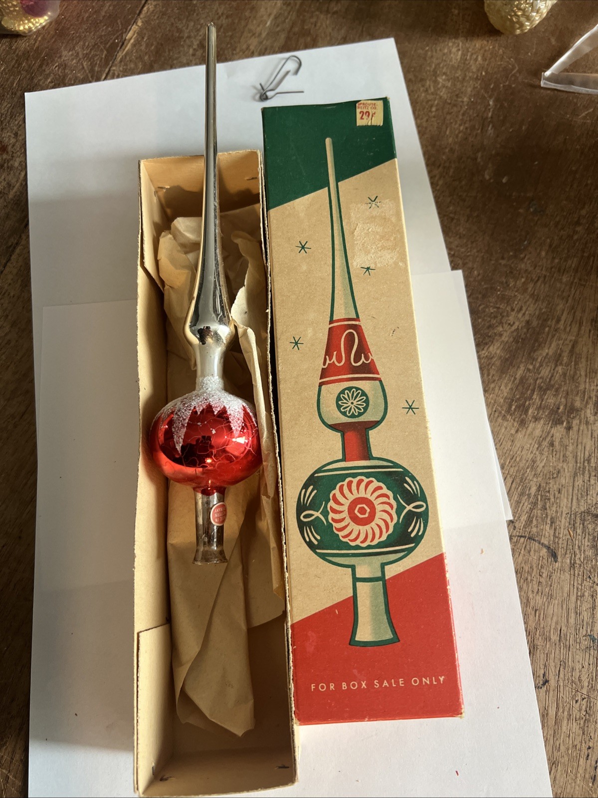 1950’s Shiny Brite Mercury Glass Tree topper. W. Germany 9.5″ in Original Box #T