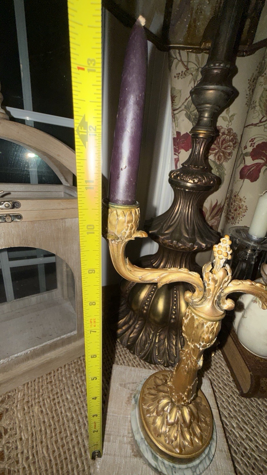 Vintage Brass Two Arm Candelabra Marble Base Acorn Oak Leaf Candle Holder