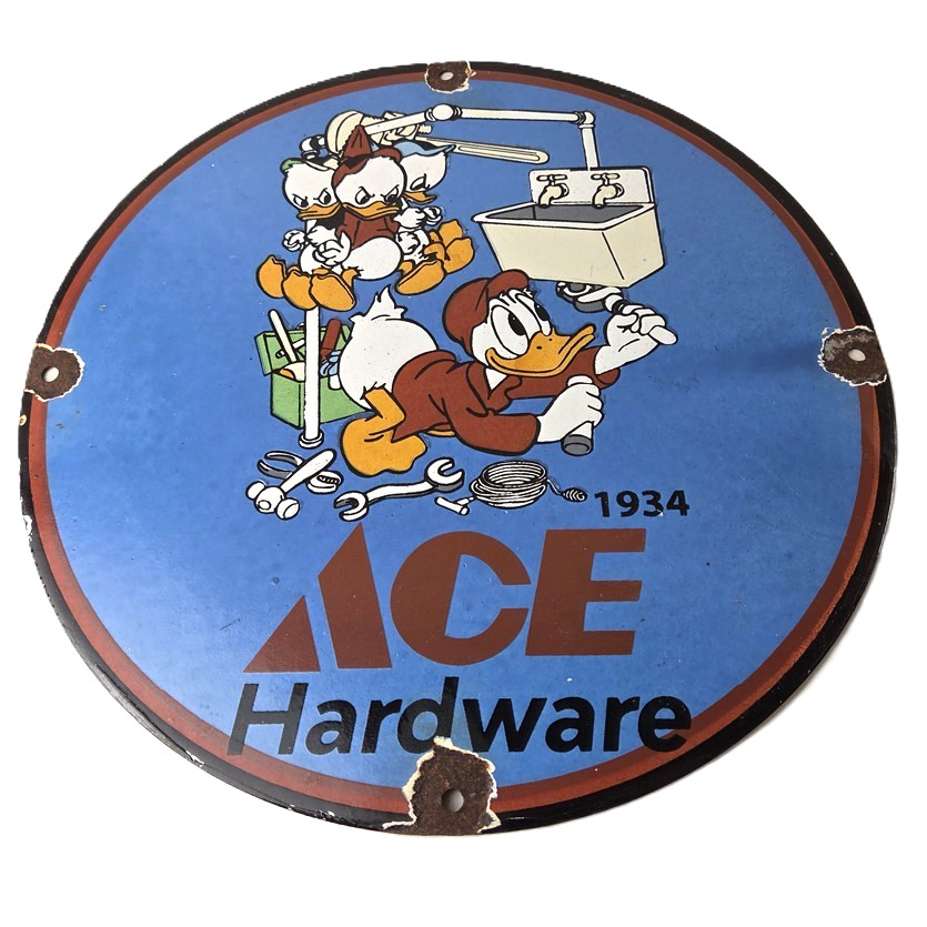 Vintage Ace Hardware Sign – Donald Duck Walt Disney Gas Pump Porcelain Sign