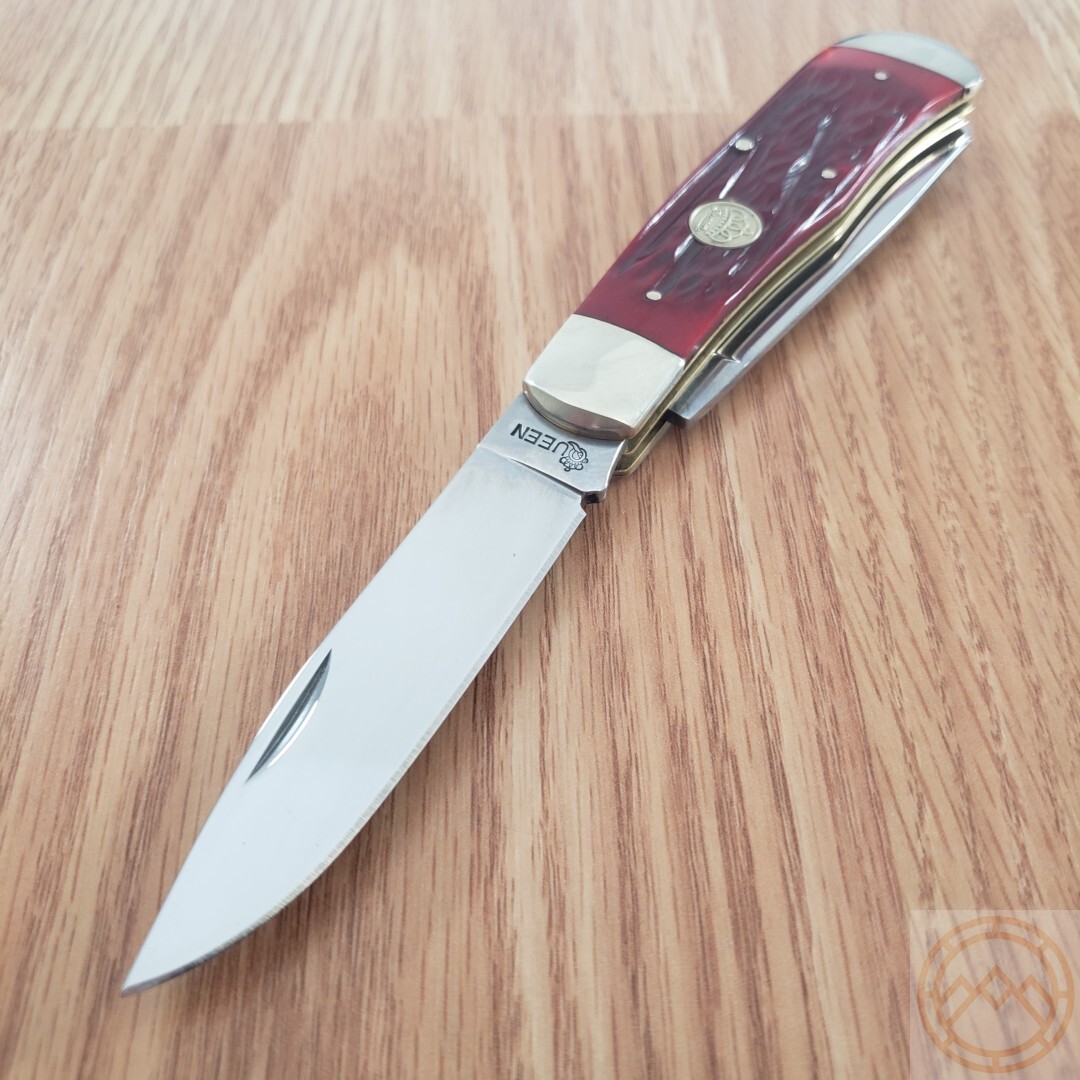 Queen Big Boy Trapper Pocket Knife 1095 Steel Blades Red Jigged Bone Handle 7555