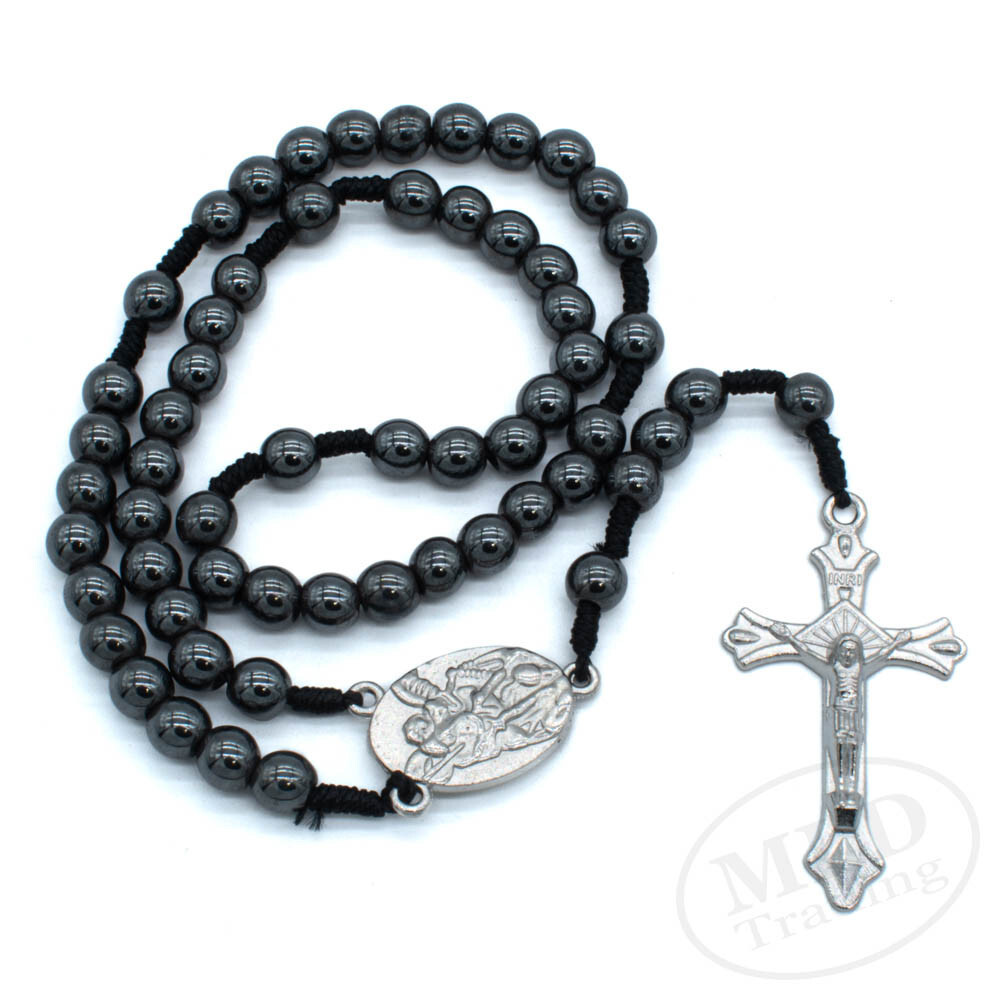 Saint St Michael Medal 12″ Cord Rosary Black Hematite Beads Rosario San Miguel