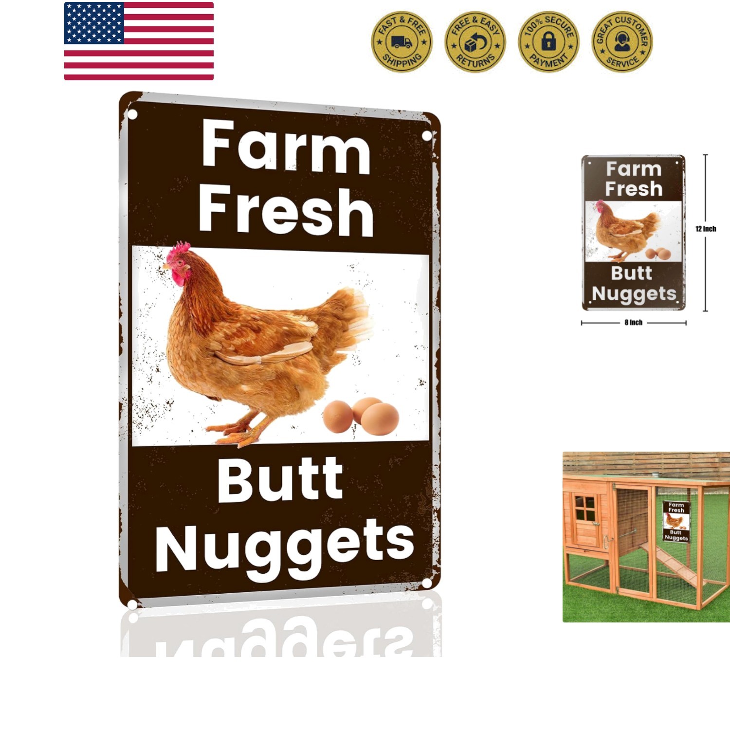 Easy-Hang Vintage Tin Sign – 8×12 Farm Fresh Butt Nuggets for Rustic Charm