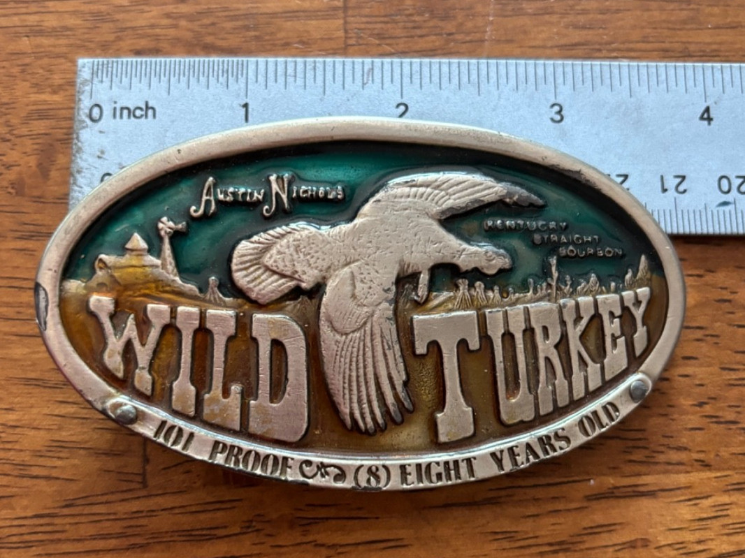 VINTAGE AUSTIN NICHOLS WILD TURKEY BELT BUCKLE 101 BOURBON WHISKEY BERGAMOT