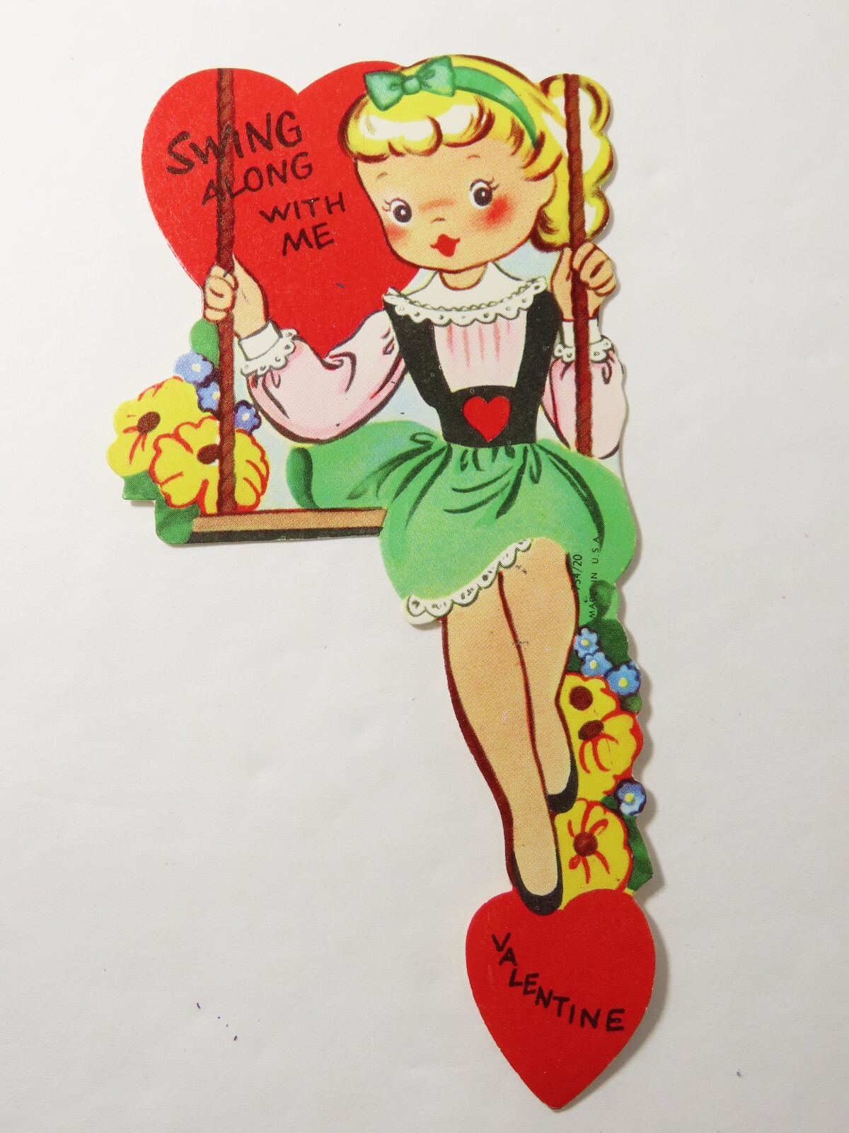Vintage Valentine Card Die Cut Girl Swinging On Swing Flowers C7930