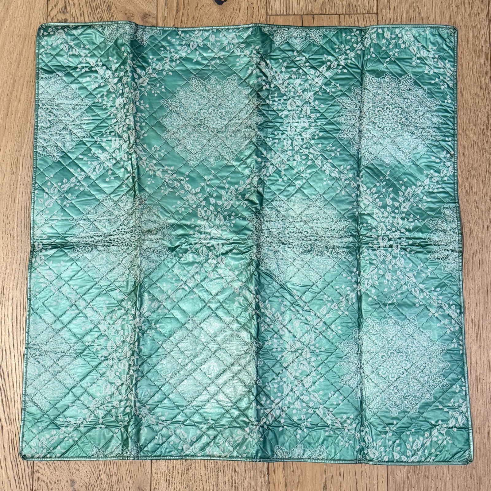 Vintage Quilted Card Table Cover 28.5” Square Teal Floral Metallic Silver MCM