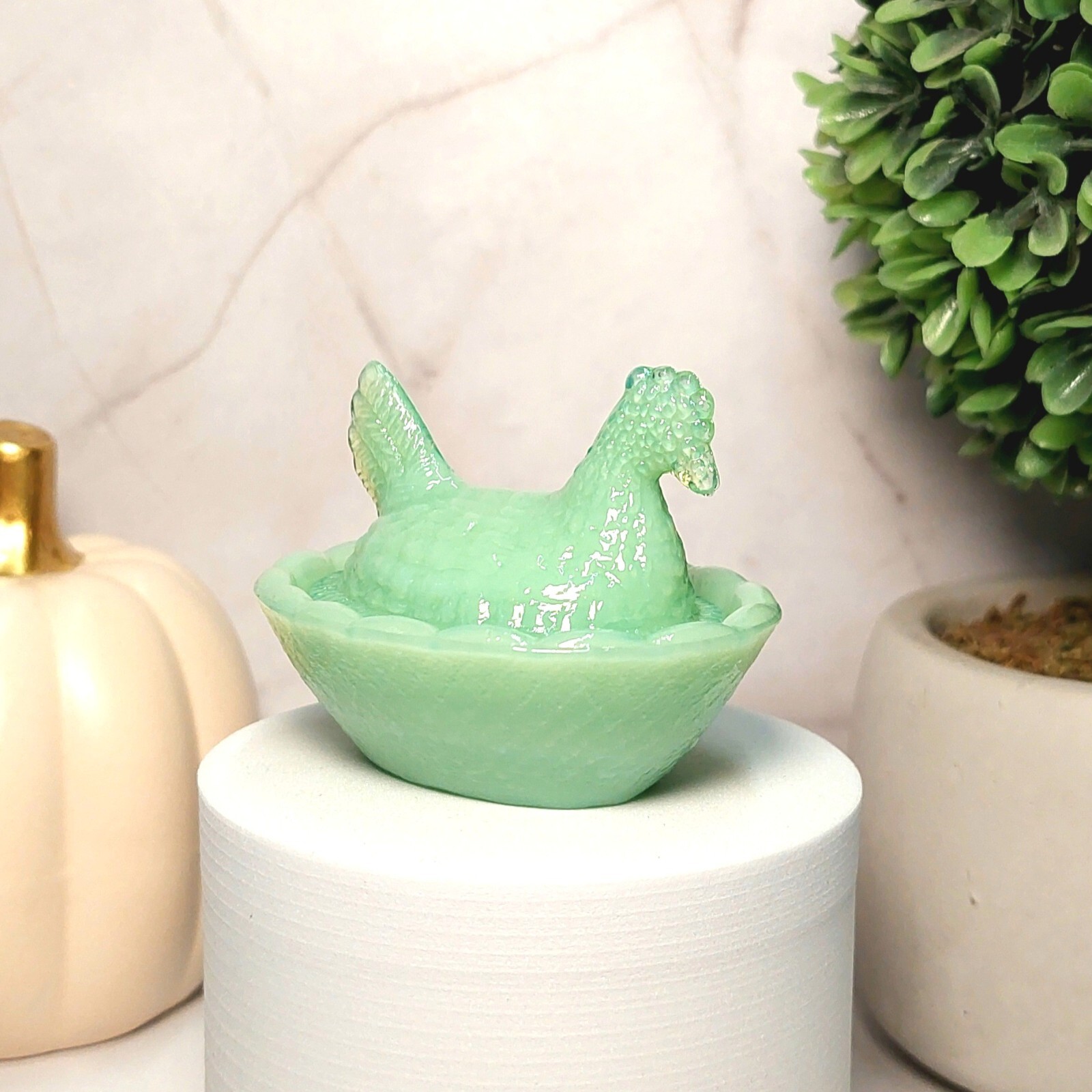 Jadeite Depression Style Glass Mini Hen On Nest Chicken Salt Dish, Vintage Style