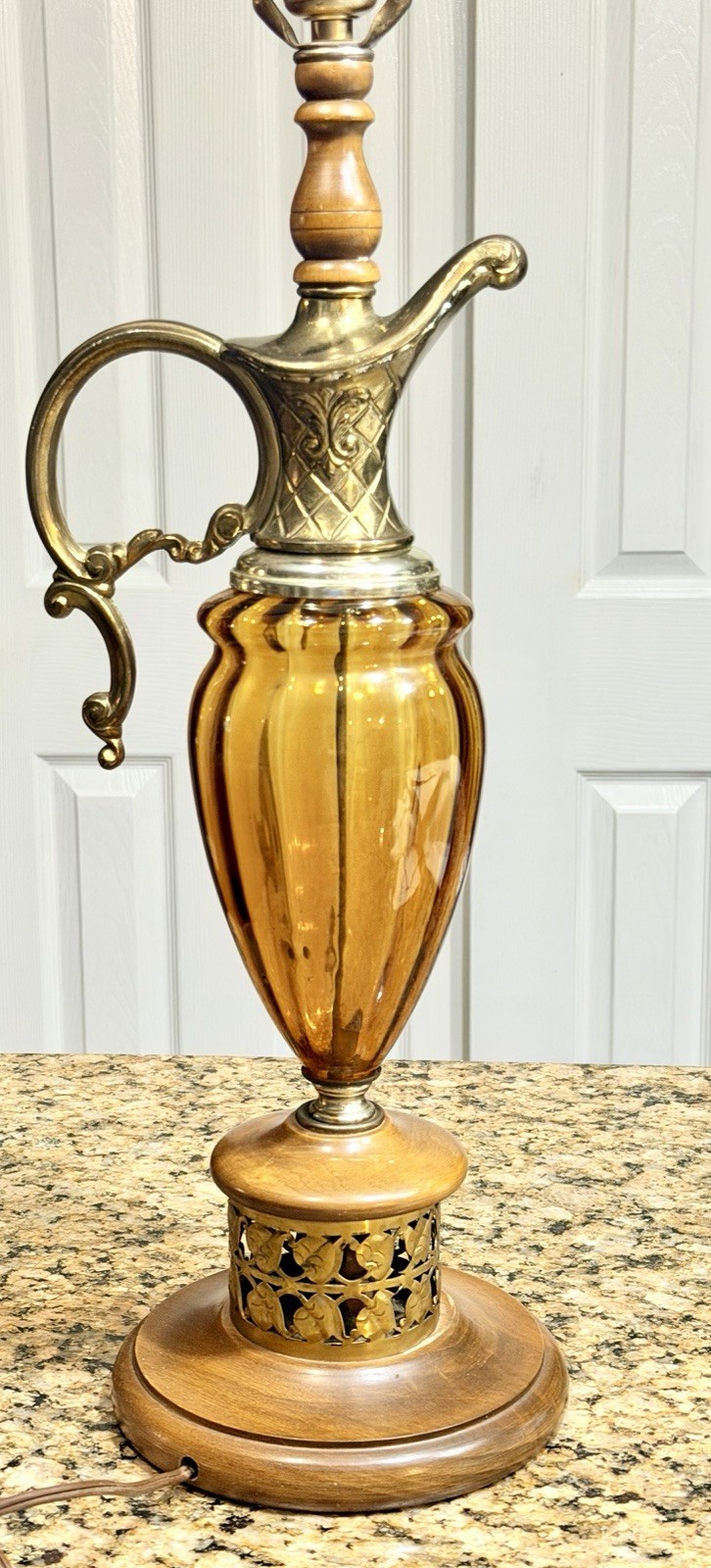 Vintage 60’s Amber Glass Ewer Lamp Brass Genie Style 29” Hollywood Regency