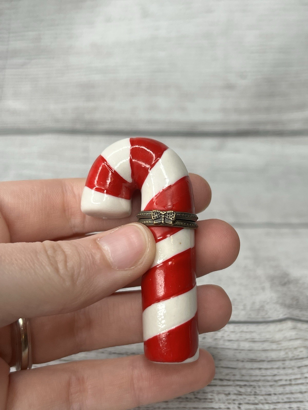 VTG PHB Style Candy Cane Porcelain Hinged Trinket Box W/ Toy Soldier Trinket