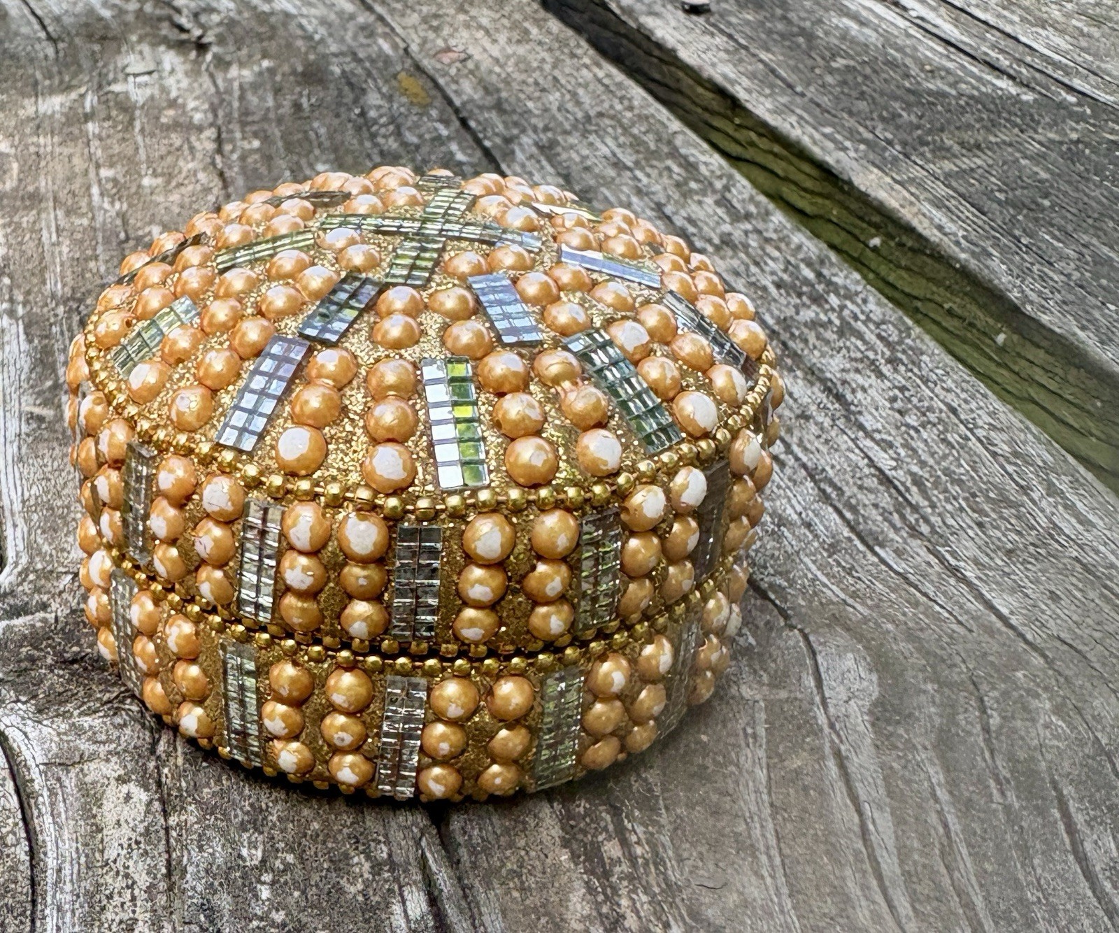 Bejeweled With Rhinestones Beaded Vintage Pill Box/Ring Box Tin Boho