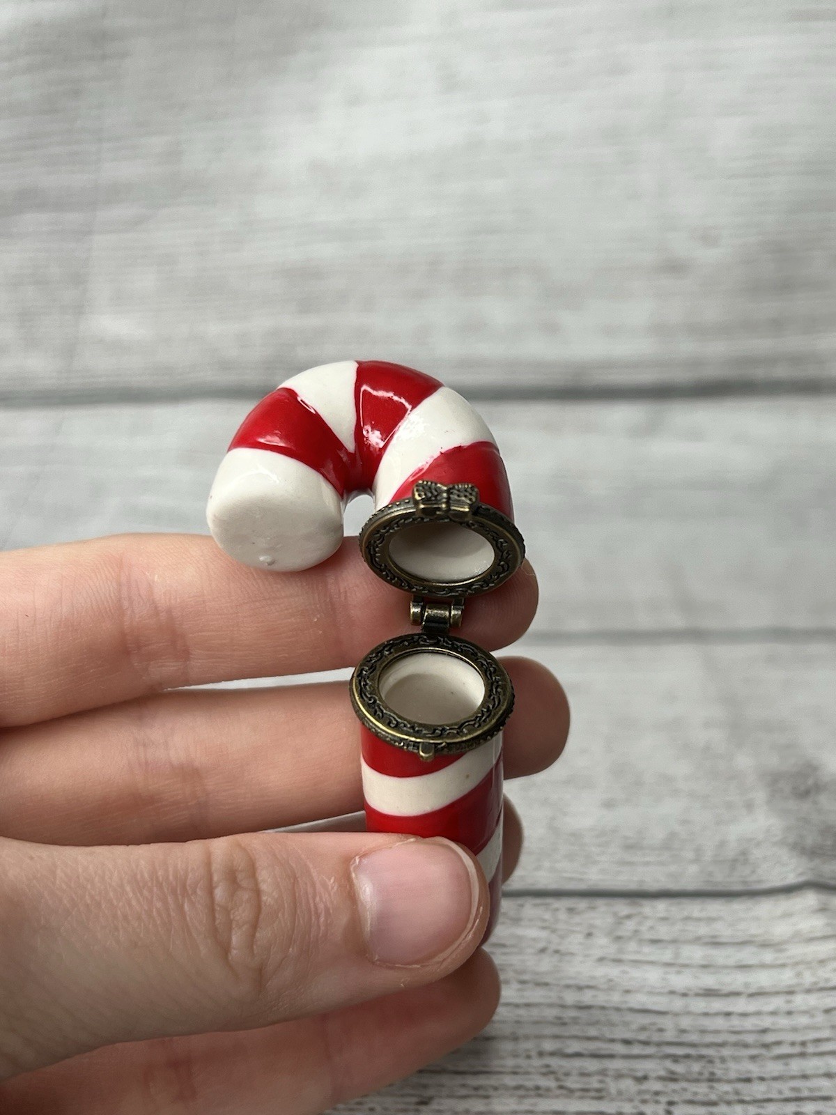 VTG PHB Style Candy Cane Porcelain Hinged Trinket Box W/ Toy Soldier Trinket