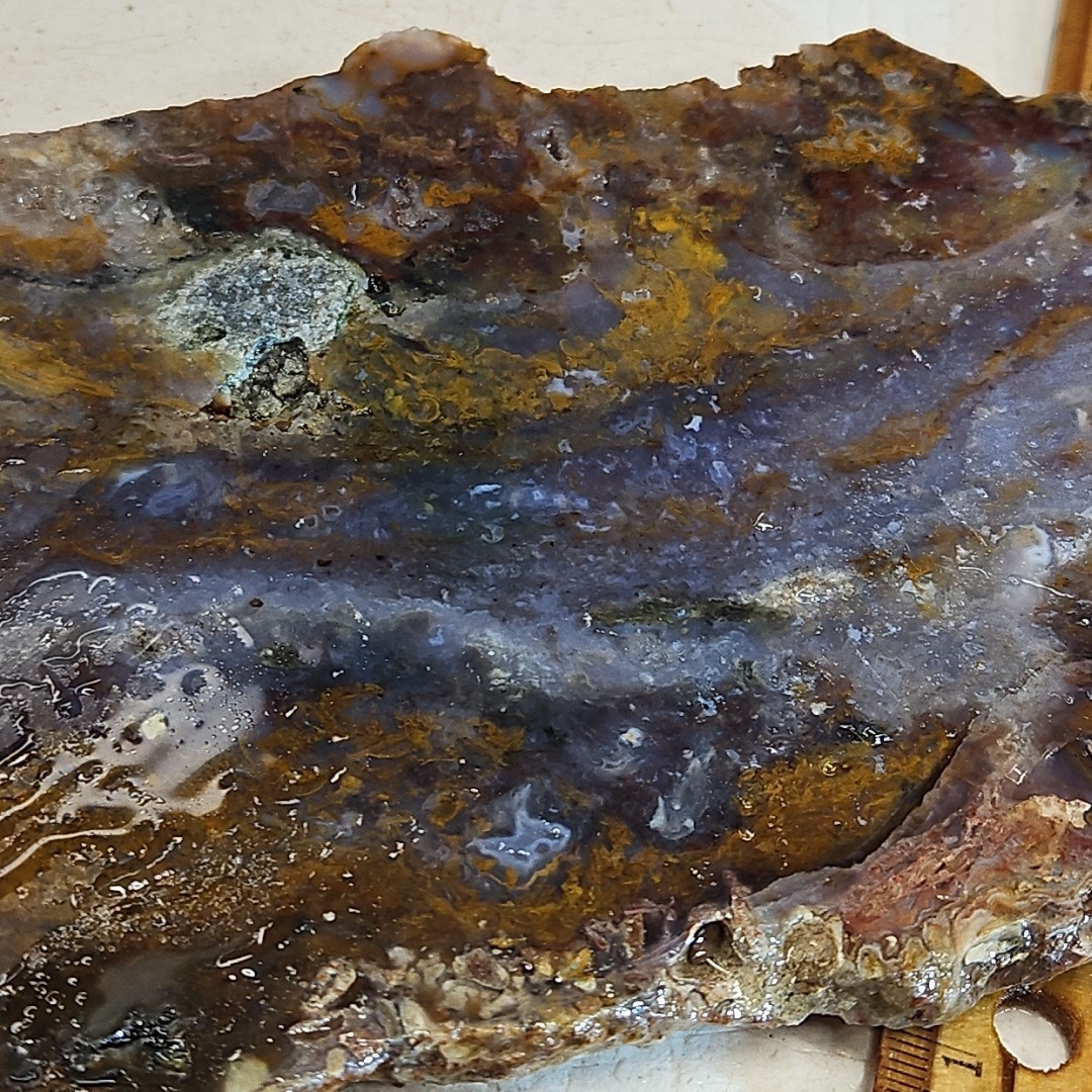 Royal blue agate slab, MX Blue agate golden moss, 7″ x 5″ x 1/4″ 12.0OZ