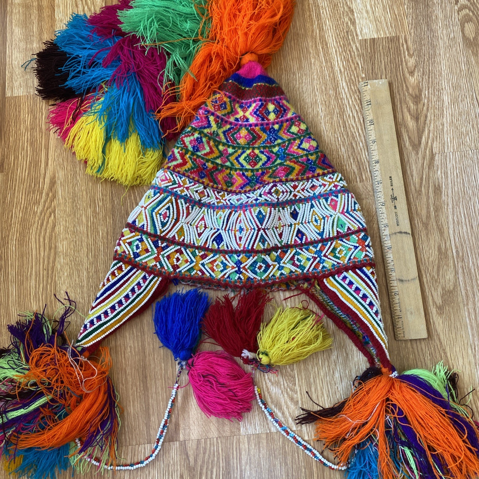 VTG Peruvian Chullo Andean Beaded Hat Handwoven Multi-Color Geometric Design