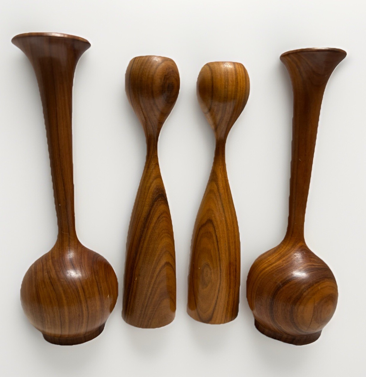 Rare Mid Century Modern Danish Design Teak Tulip Candle Holders 4 Piece Set 8”