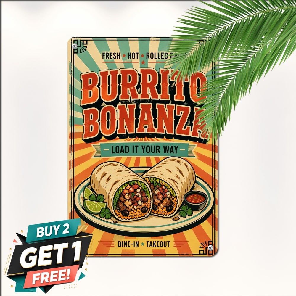 Retro Sunburst Background Bold Typography Burrito Food Metal Tin Sign Decor