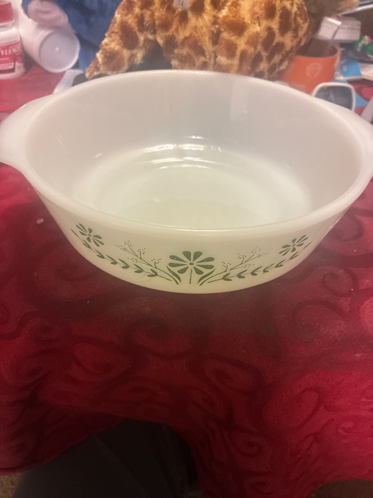 Vintage GLASBAKE “Green Daisy” J2429 8 inch Round Casserole Baking Dish