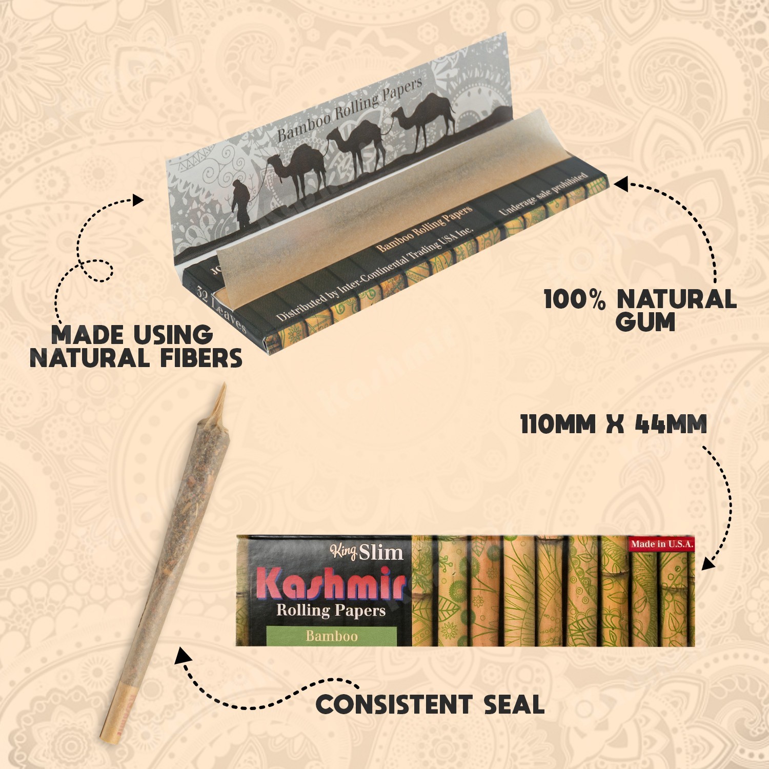 Rolling Papers Bamboo Slim King Size Full Box 50 Booklets 32 Leaves By Kashmir