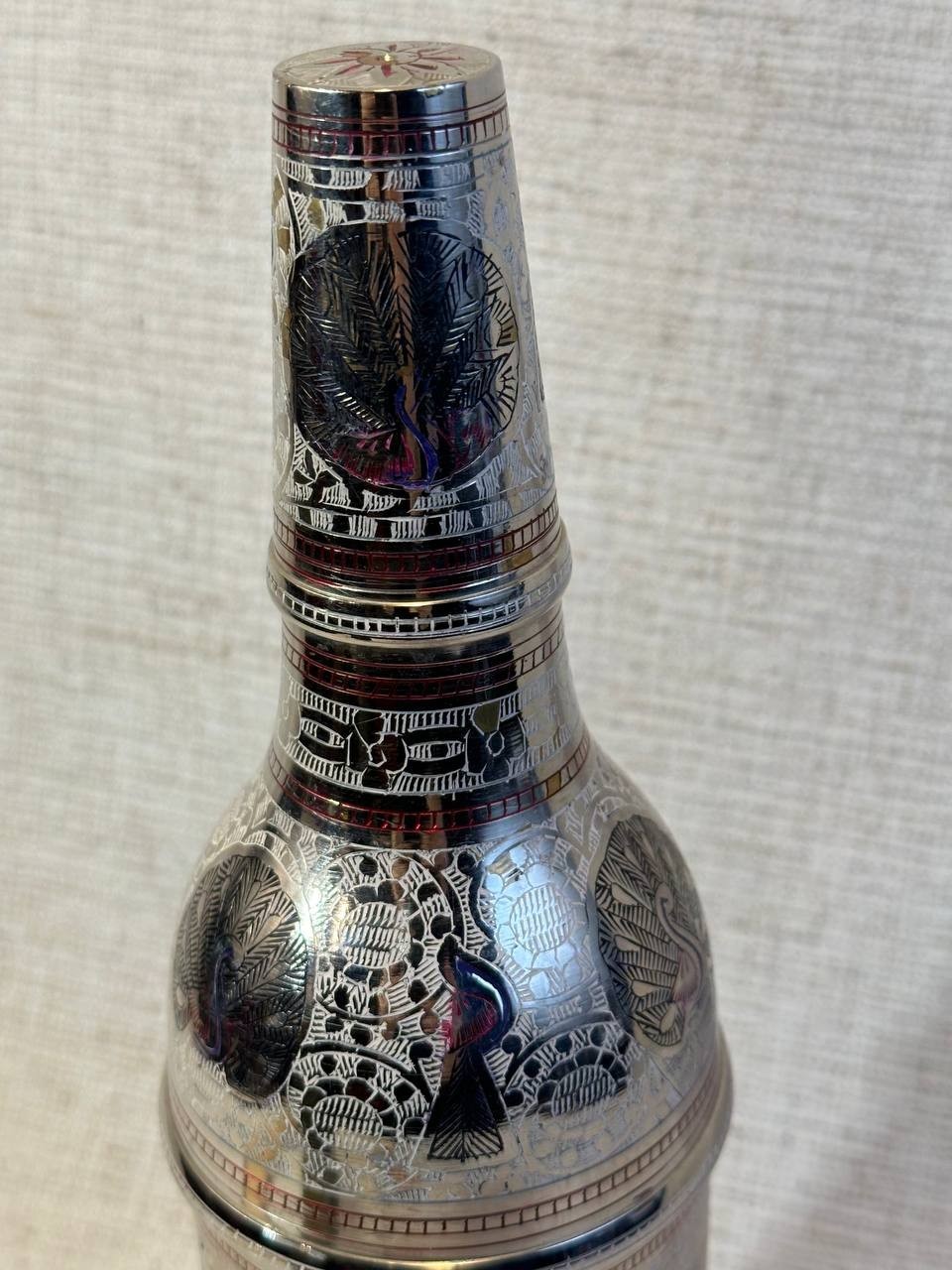 Vintage Indian Brass Peacock Etched Wine Decanter Bottle 12in 015 266