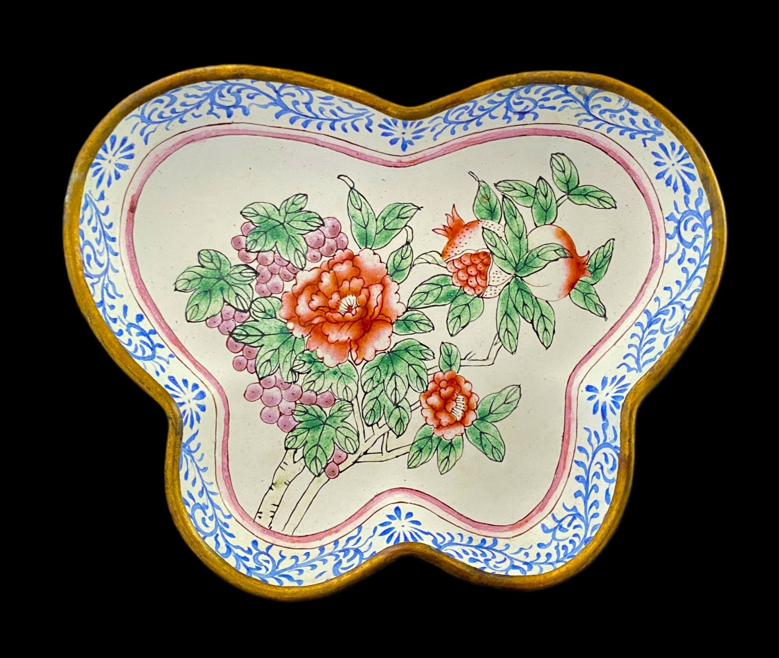 c1950 Chinese Enameled Butterfly-Shape Pin Tray, Peonies, Polychrome Enamel 6″