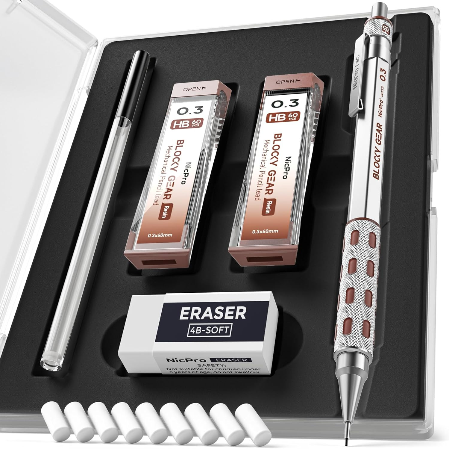 Nicpro Blocky Gear 0.3 Mm Mechanical Pencils Set in Case, Metal Pencil with 120