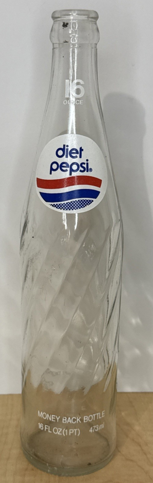 Vintage 1970s Diet Pepsi 16oz Money Back Swirl Glass Bottle ACL Label
