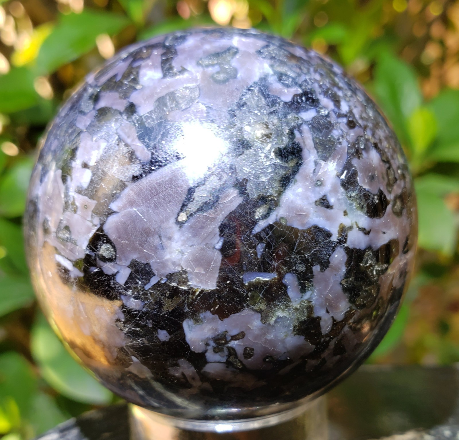 2.25″ Indigo Gabbro Mystic Merlinite Blizzard Stone Crystal Sphere Scratch