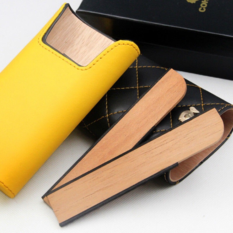 Portable Yellow Black Leather Cedar Wood 3 Ct Cigar Case Holder Travel Humidor