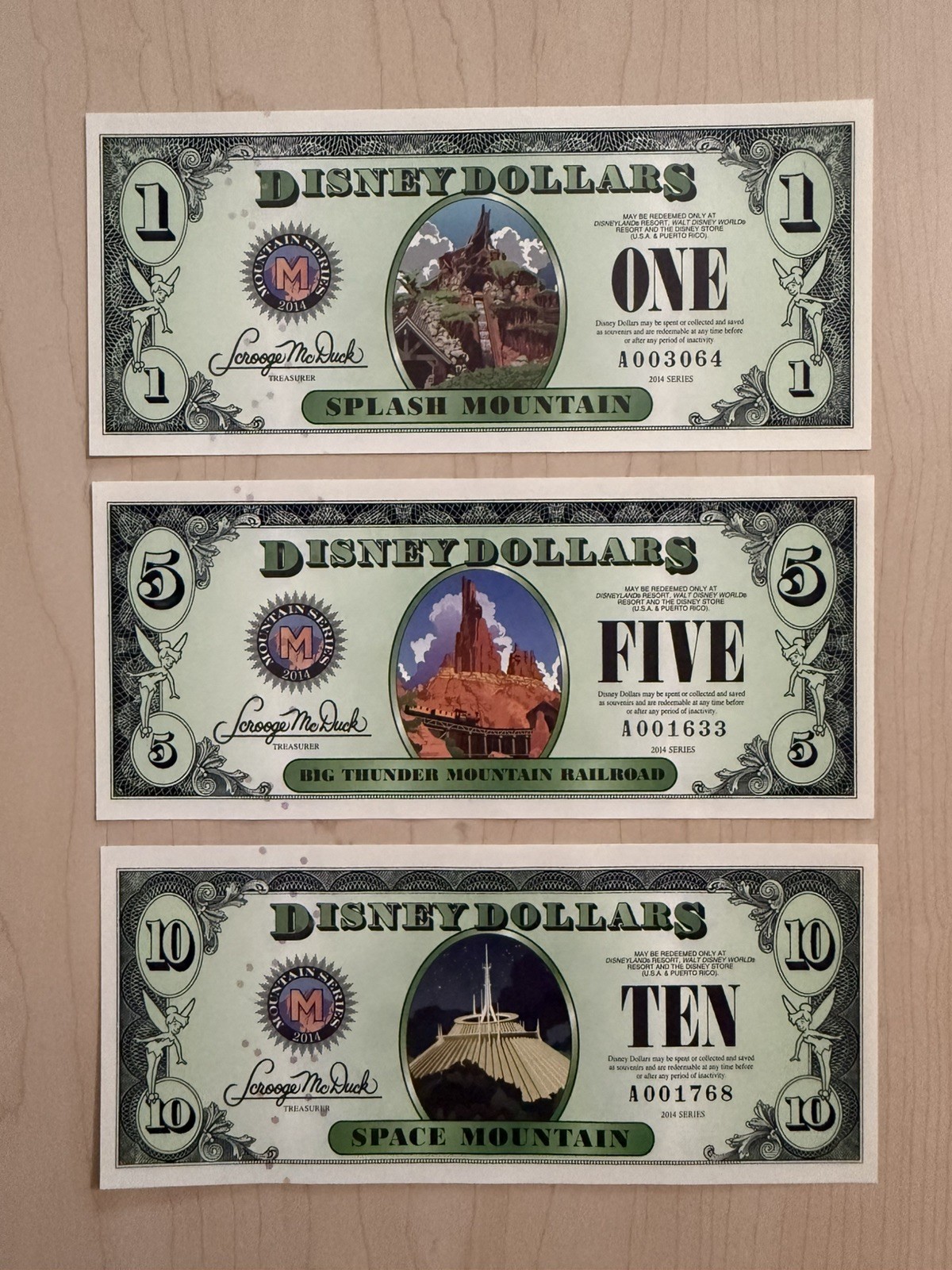 2014 A $1 $5 $10 DISNEY DOLLARS MOUNTAIN SERIES – Uncirculated, Low Serial