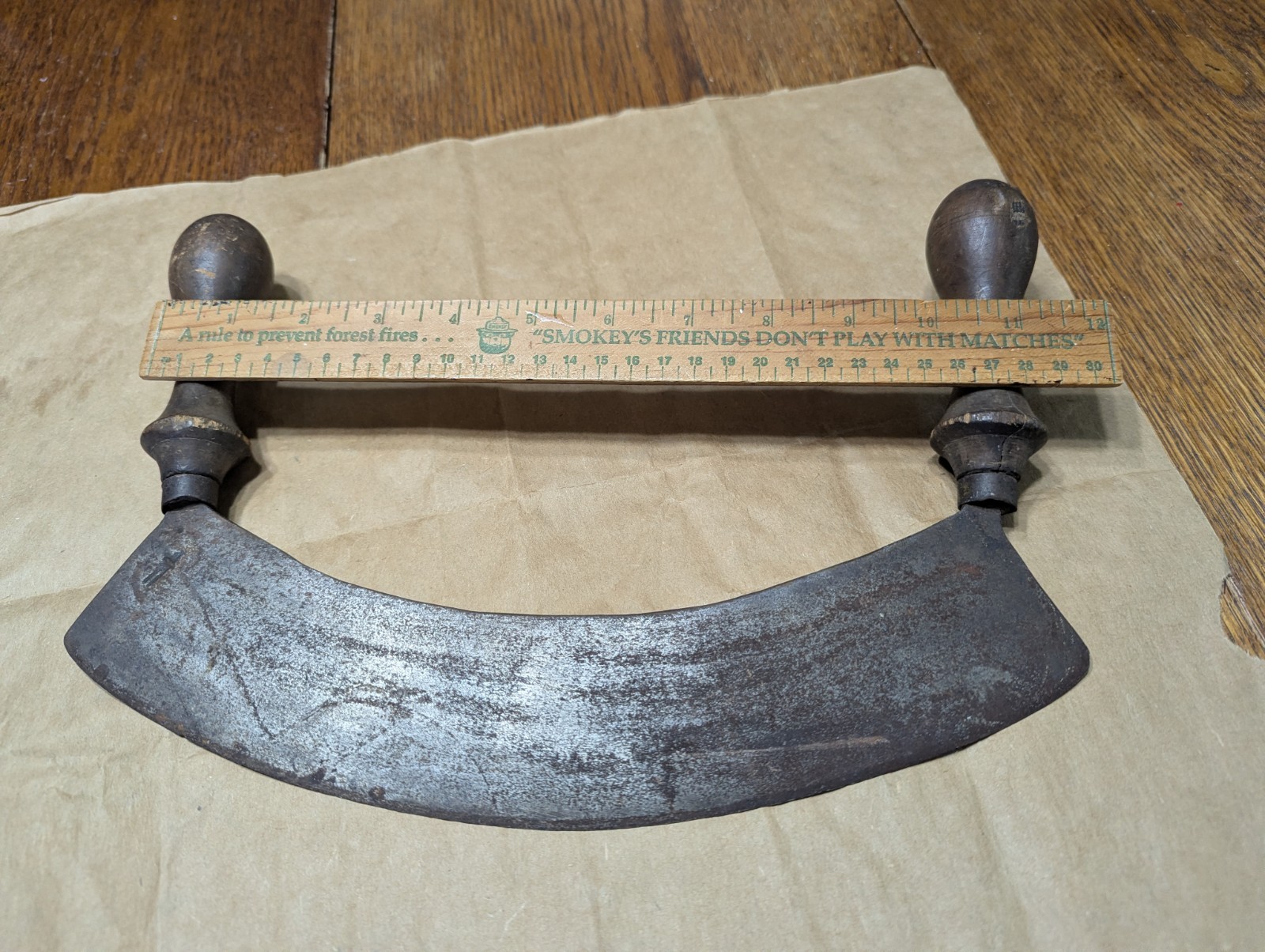 Antique Rocking Chopper Knife Single Blade Heavy Iron Sharp With Wood Grips