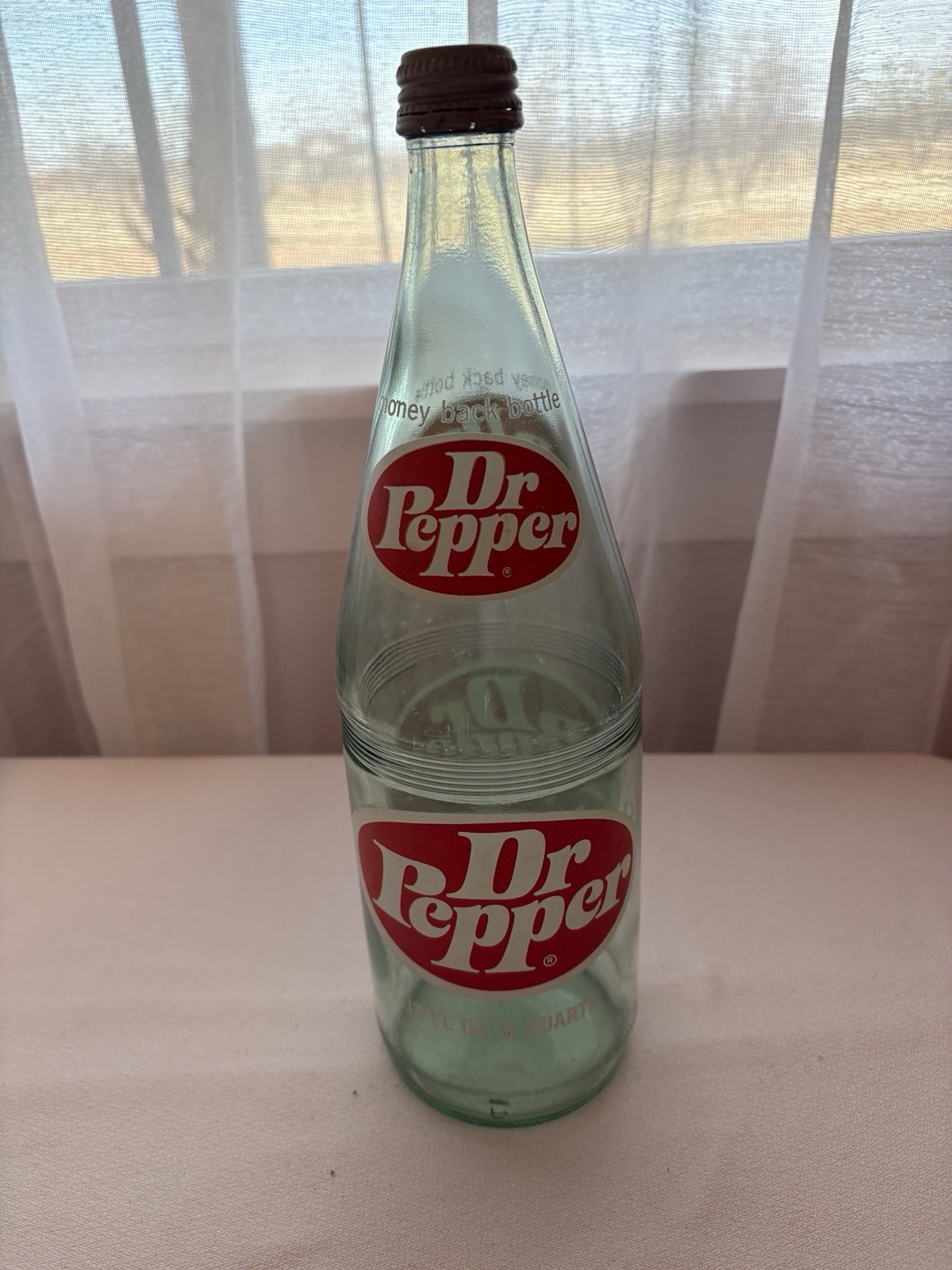 Vintage Dr. Pepper Green Glass Large 32 Oz 1 Quart Money Back Bottle Empty FLAW