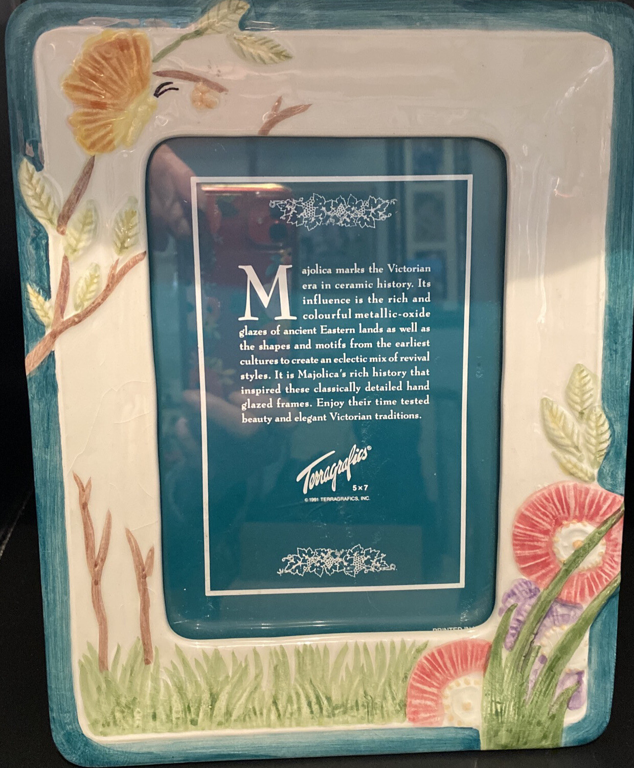 Vtg Terragrafics Majolica Ceramic Floral Frame, 9.5×7.5” for 5×7”, never used